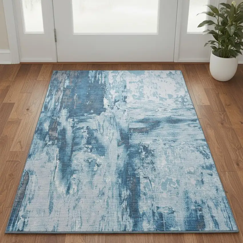 Denim Blue Silver And Gray Abstract Washable Area Rug With UV Protection Photo 2