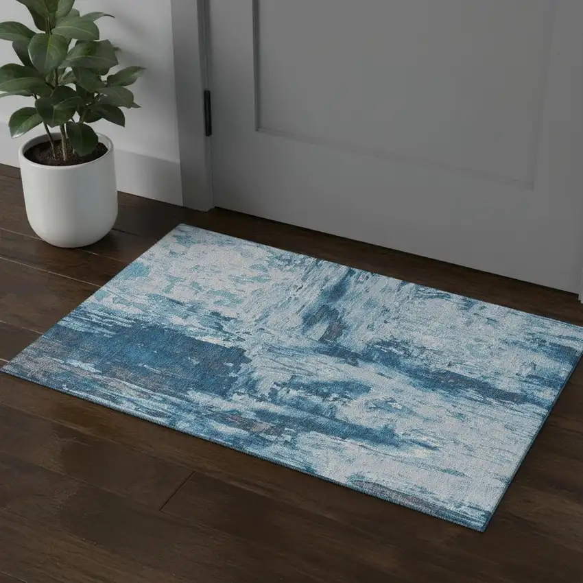 Denim Blue Silver And Gray Abstract Washable Area Rug With UV Protection Photo 1