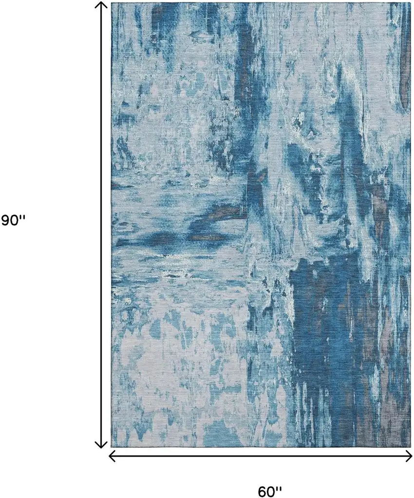 Denim Blue Silver And Gray Abstract Washable Area Rug With UV Protection Photo 9