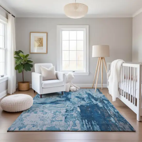 Denim Blue Silver And Gray Abstract Washable Area Rug With UV Protection Photo 4