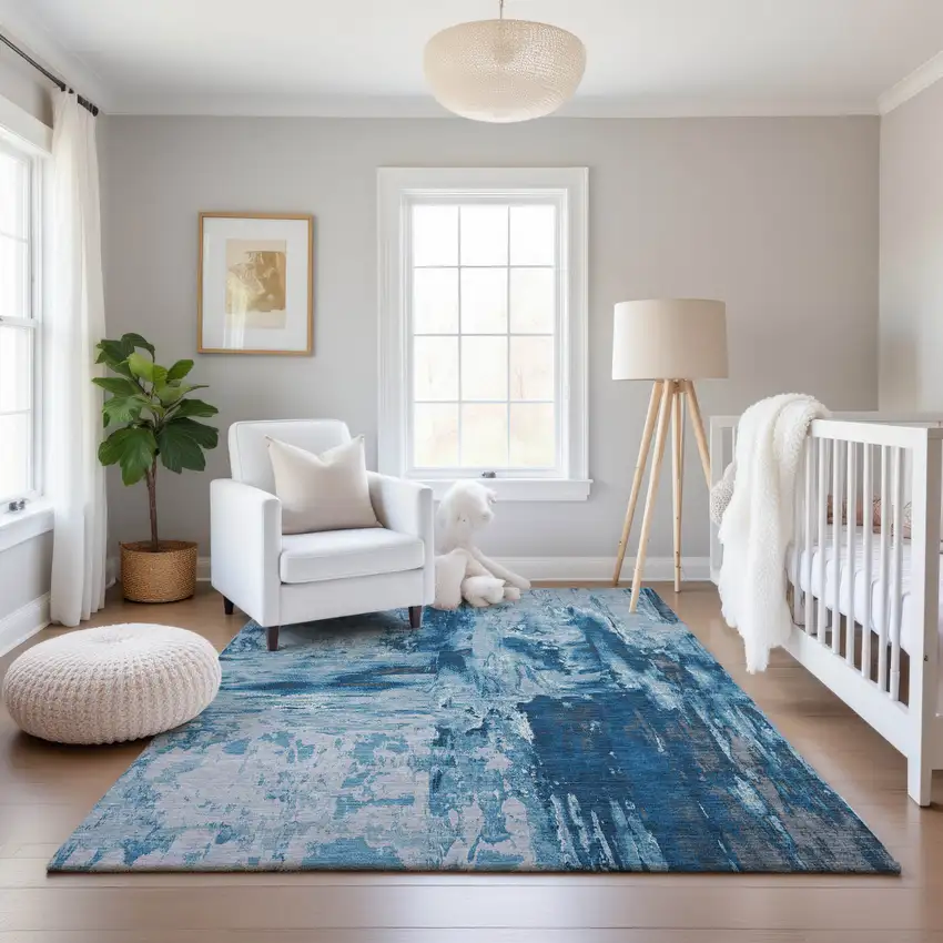 Denim Blue Silver And Gray Abstract Washable Area Rug With UV Protection Photo 4