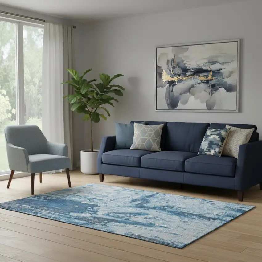 Denim Blue Silver And Gray Abstract Washable Area Rug With UV Protection Photo 2