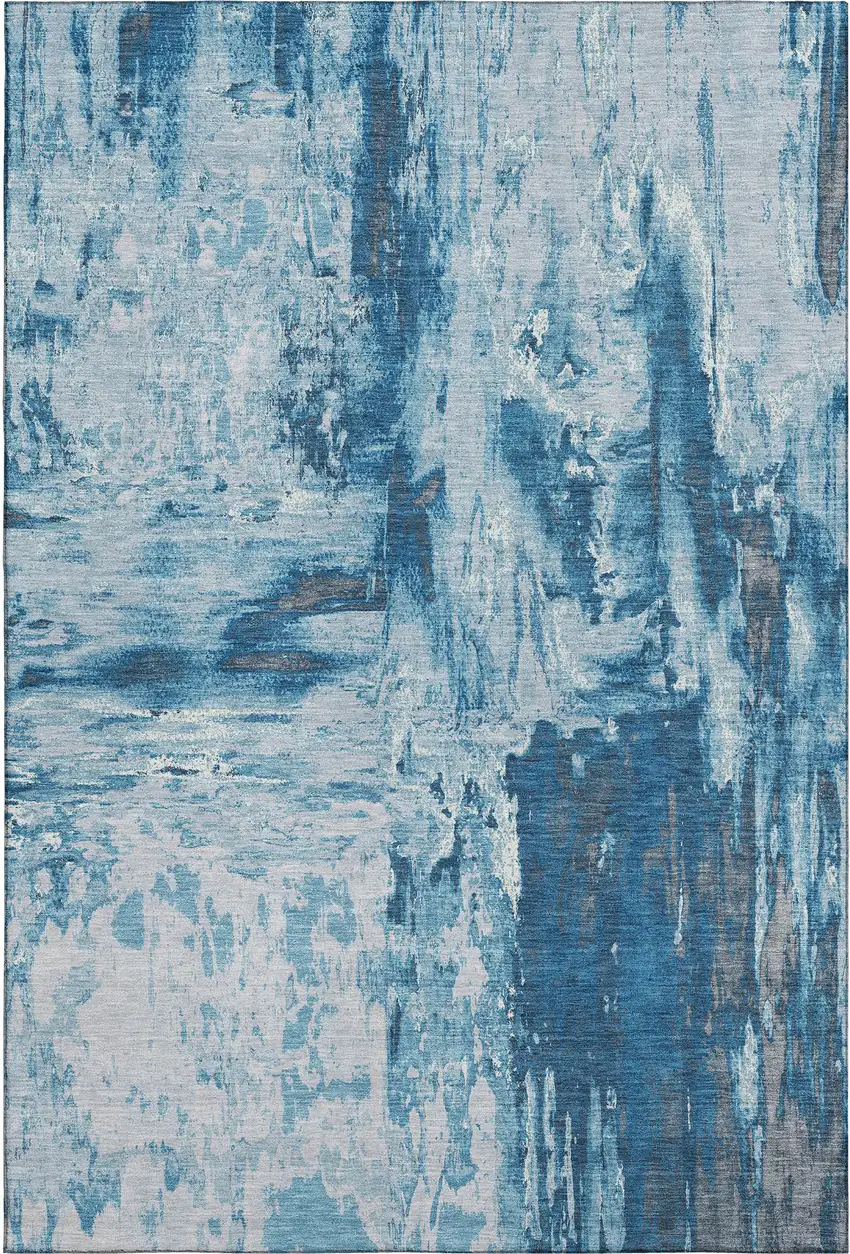 Denim Blue Silver And Gray Abstract Washable Area Rug With UV Protection Photo 1