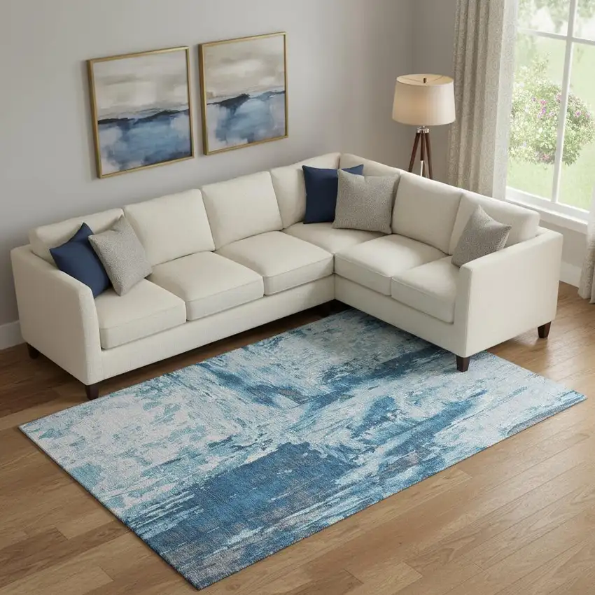 Denim Blue Silver And Gray Abstract Washable Area Rug With UV Protection Photo 2