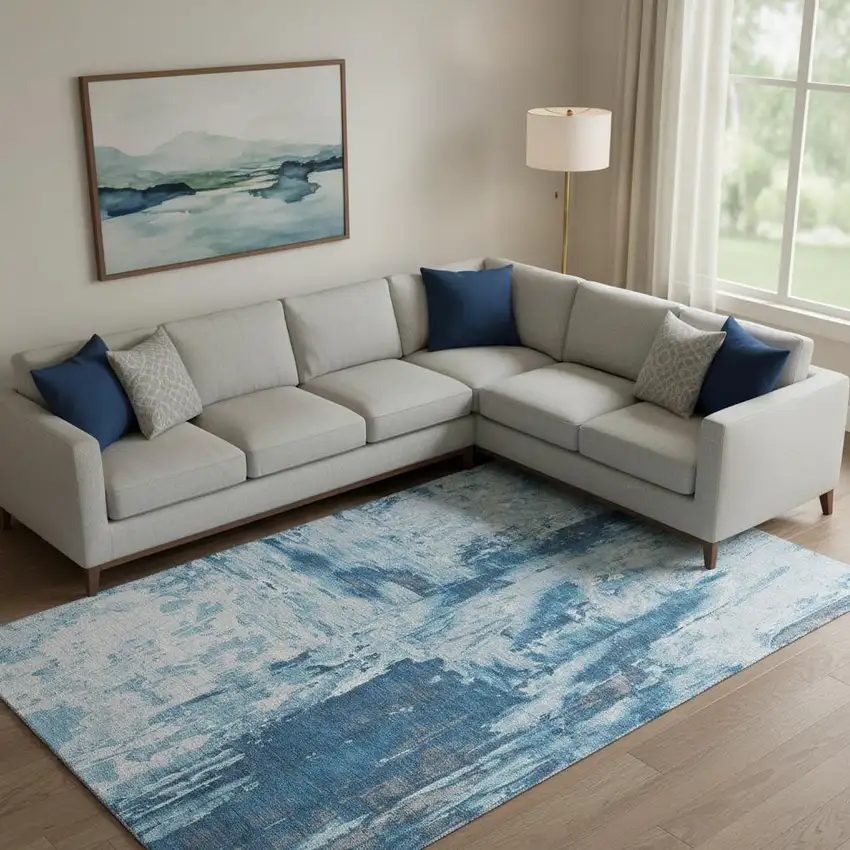 Denim Blue Silver And Gray Abstract Washable Area Rug With UV Protection Photo 2