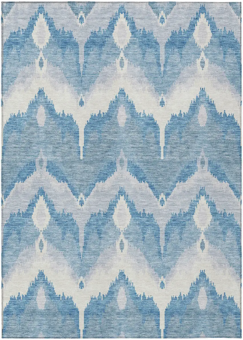 Denim Blue Sky Blue And Ivory Ikat Washable Indoor Outdoor Area Rug Photo 1