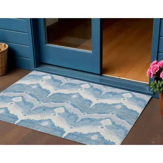 Denim Blue Sky Blue And Ivory Ikat Washable Indoor Outdoor Area Rug Photo 1