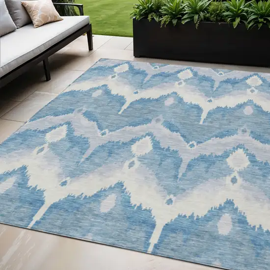 Denim Blue Sky Blue And Ivory Ikat Washable Indoor Outdoor Area Rug Photo 1