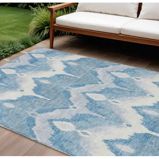 Denim Blue Sky Blue And Ivory Ikat Washable Indoor Outdoor Area Rug Photo 1