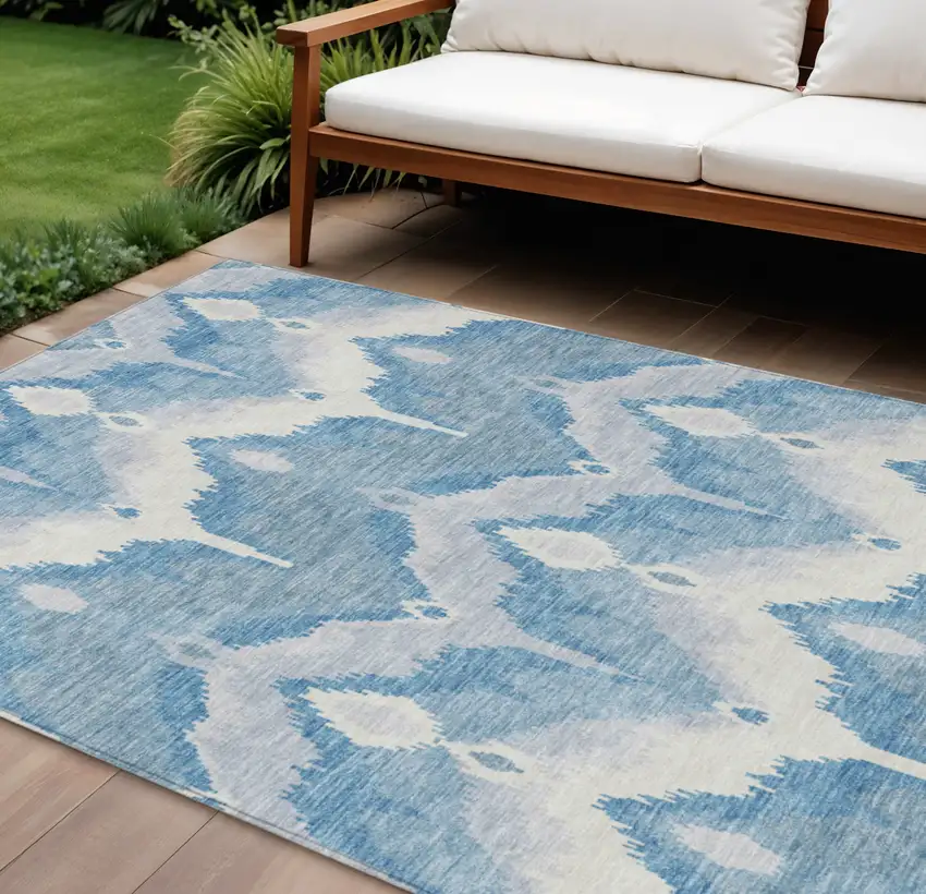 Denim Blue Sky Blue And Ivory Ikat Washable Indoor Outdoor Area Rug Photo 1