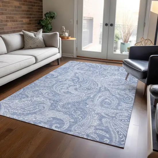 Denim Blue Sky Blue And Ivory Paisley Washable Indoor Outdoor Area Rug Photo 7