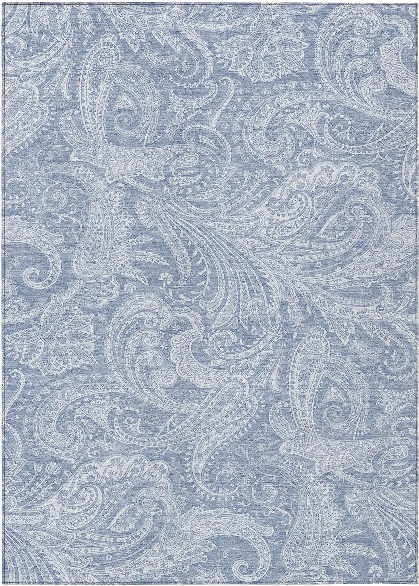 Denim Blue Sky Blue And Ivory Paisley Washable Indoor Outdoor Area Rug Photo 2