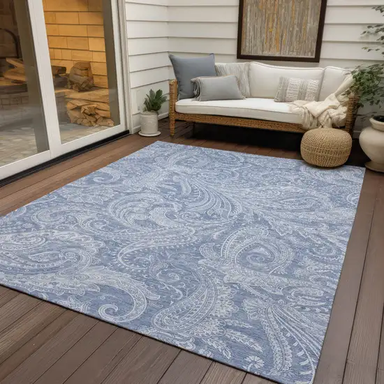 Denim Blue Sky Blue And Ivory Paisley Washable Indoor Outdoor Area Rug Photo 9