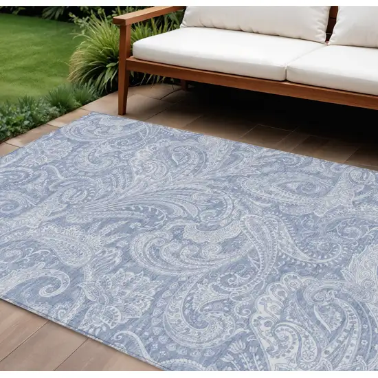Denim Blue Sky Blue And Ivory Paisley Washable Indoor Outdoor Area Rug Photo 1