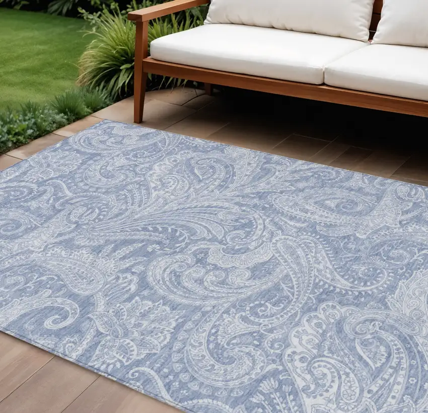 Denim Blue Sky Blue And Ivory Paisley Washable Indoor Outdoor Area Rug Photo 1