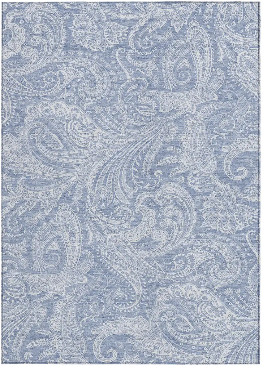 Denim Blue Sky Blue And Ivory Paisley Washable Indoor Outdoor Area Rug Photo 5