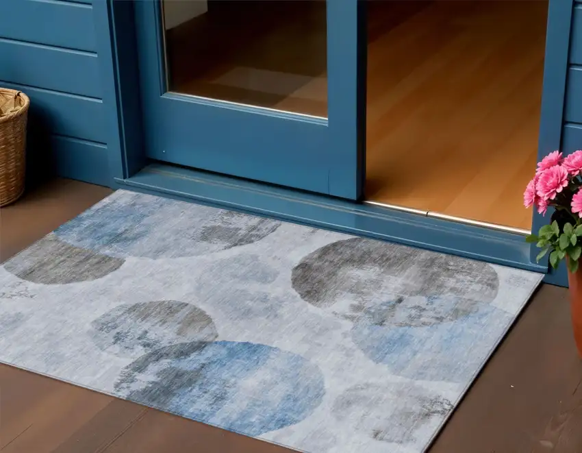 Denim Blue Taupe And Ivory Abstract Washable Indoor Outdoor Area Rug Photo 1