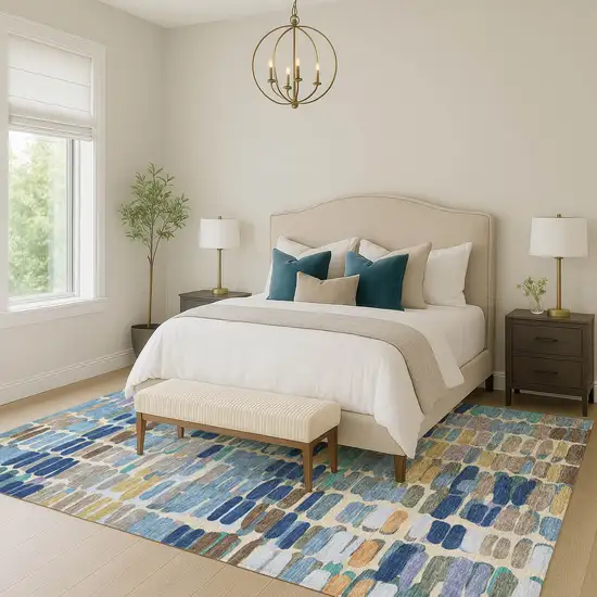 Denim Blue Wheat And Beige Abstract Washable Indoor Outdoor Area Rug Photo 9