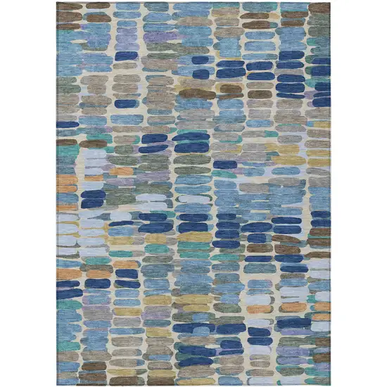 Denim Blue Wheat And Beige Abstract Washable Indoor Outdoor Area Rug Photo 2