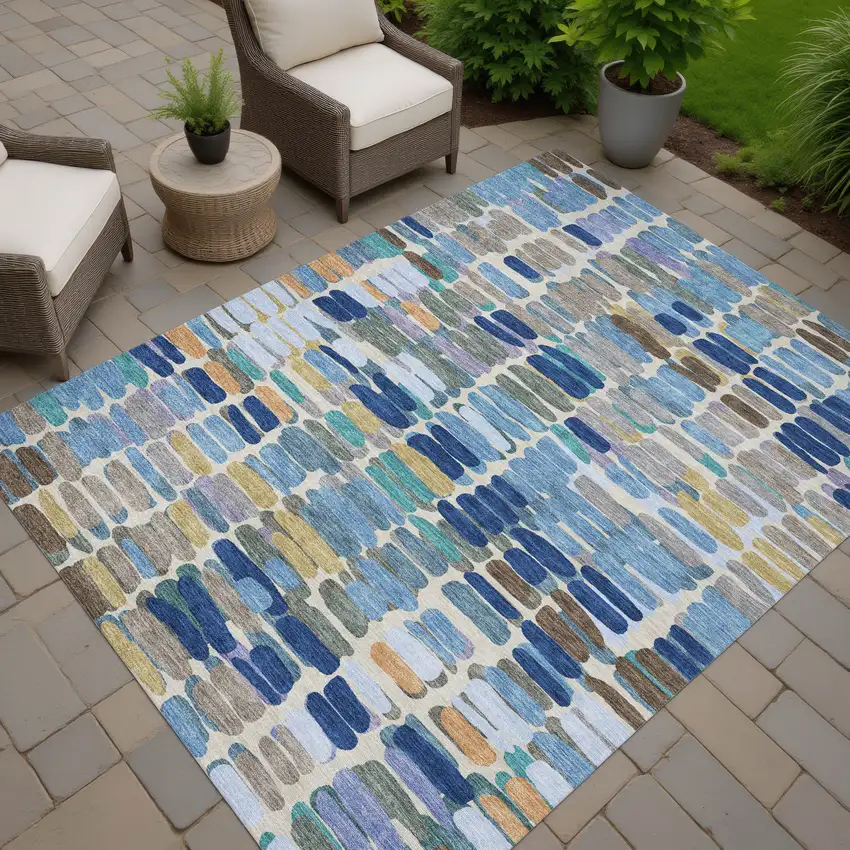 Denim Blue Wheat And Beige Abstract Washable Indoor Outdoor Area Rug Photo 9