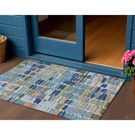 Denim Blue Wheat And Beige Abstract Washable Indoor Outdoor Area Rug Photo 1