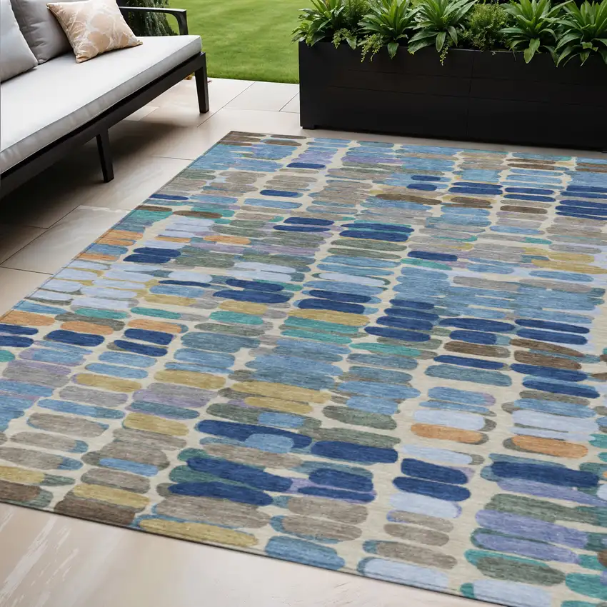 Denim Blue Wheat And Beige Abstract Washable Indoor Outdoor Area Rug Photo 1