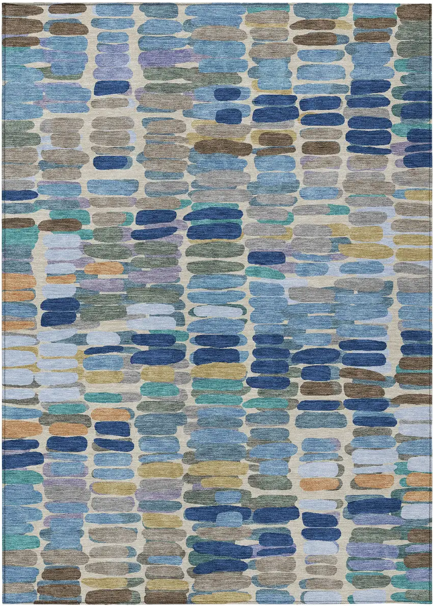 Denim Blue Wheat And Beige Abstract Washable Indoor Outdoor Area Rug Photo 2