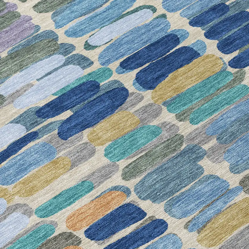 Denim Blue Wheat And Beige Abstract Washable Indoor Outdoor Area Rug Photo 7