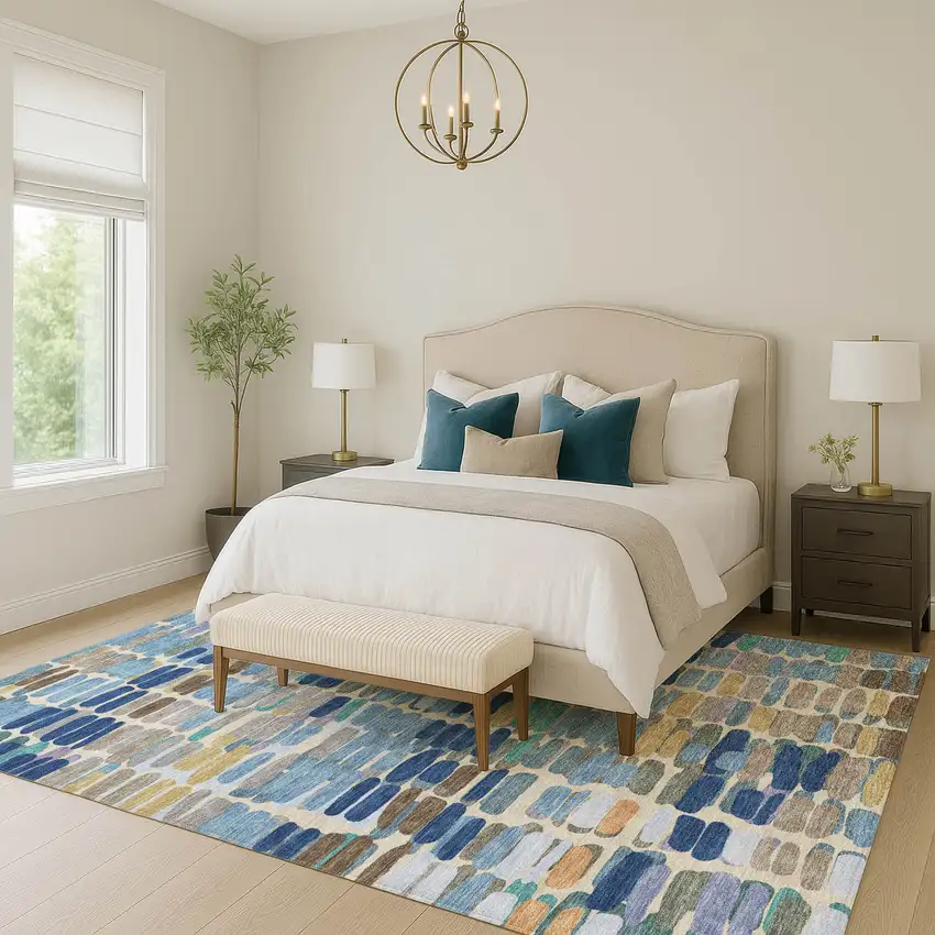 Denim Blue Wheat And Beige Abstract Washable Indoor Outdoor Area Rug Photo 9