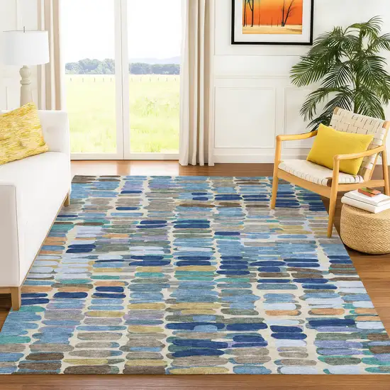Denim Blue Wheat And Beige Abstract Washable Indoor Outdoor Area Rug Photo 9