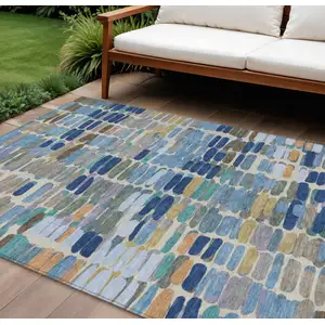 Photo of Denim Blue Wheat And Beige Abstract Washable Indoor Outdoor Area Rug