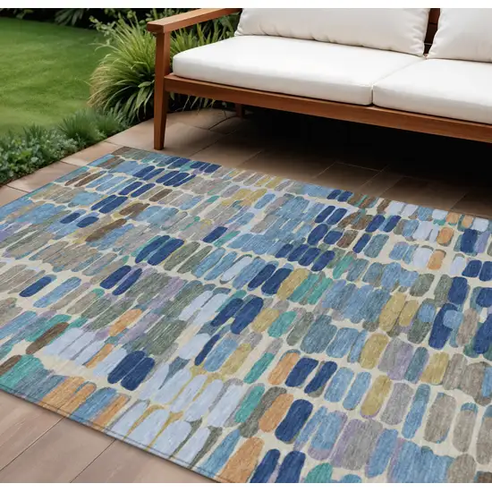 Denim Blue Wheat And Beige Abstract Washable Indoor Outdoor Area Rug Photo 1