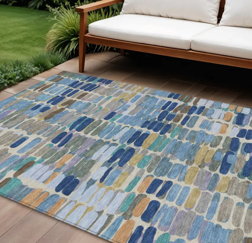 Denim Blue Wheat And Beige Abstract Washable Indoor Outdoor Area Rug Photo 1