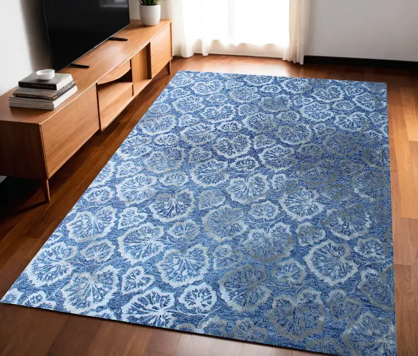 Denim Blue Wool Floral Hand Tufted Non Skid Area Rug Photo 1