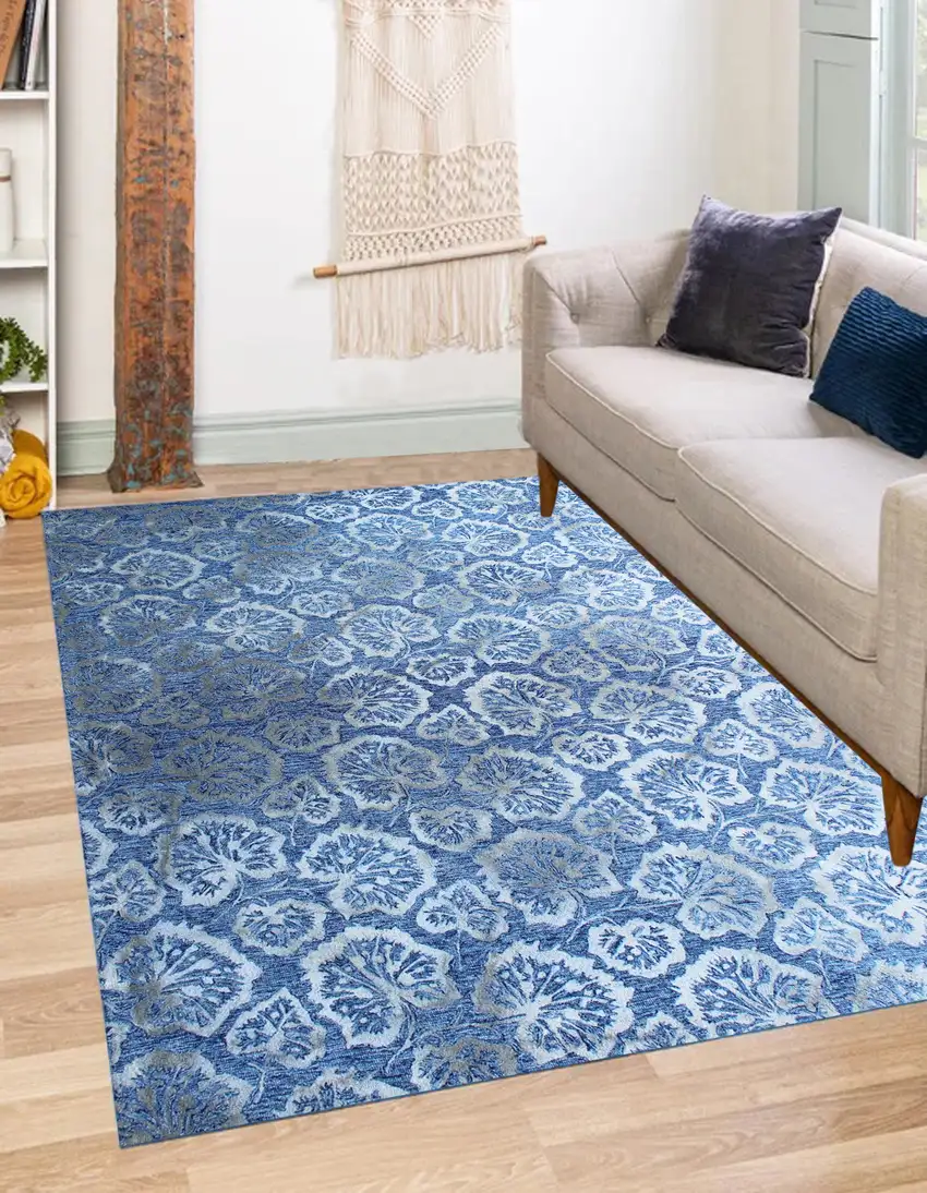 Denim Blue Wool Floral Hand Tufted Non Skid Area Rug Photo 9