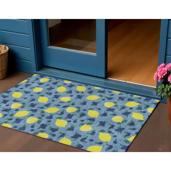 Denim Blue Yellow And Green Lemons Washable Indoor Outdoor Area Rug Photo 1