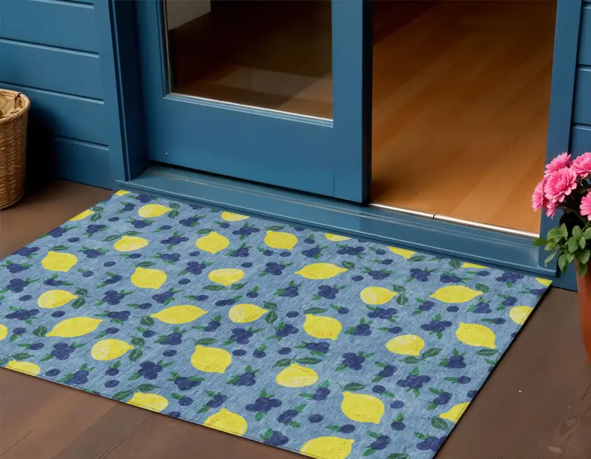 Denim Blue Yellow And Green Lemons Washable Indoor Outdoor Area Rug Photo 1