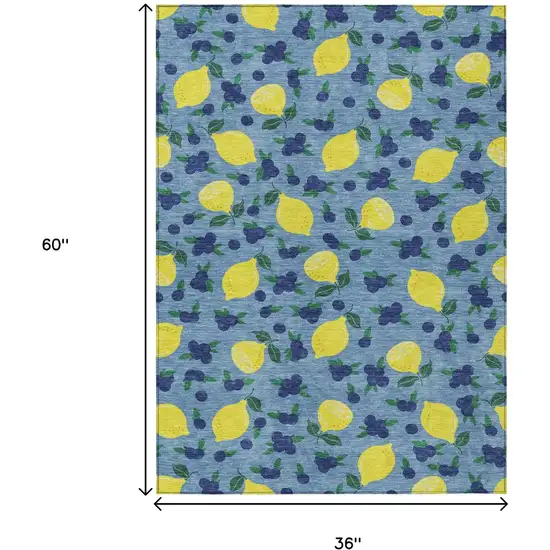 Denim Blue Yellow And Green Lemons Washable Indoor Outdoor Area Rug Photo 3