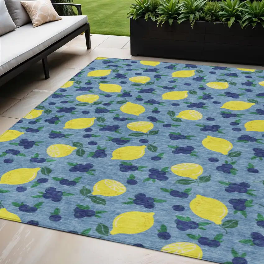 Denim Blue Yellow And Green Lemons Washable Indoor Outdoor Area Rug Photo 1