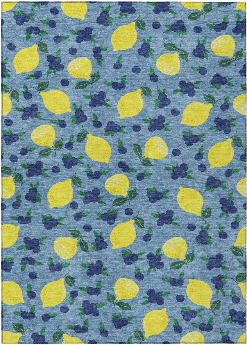 Denim Blue Yellow And Green Lemons Washable Indoor Outdoor Area Rug Photo 2