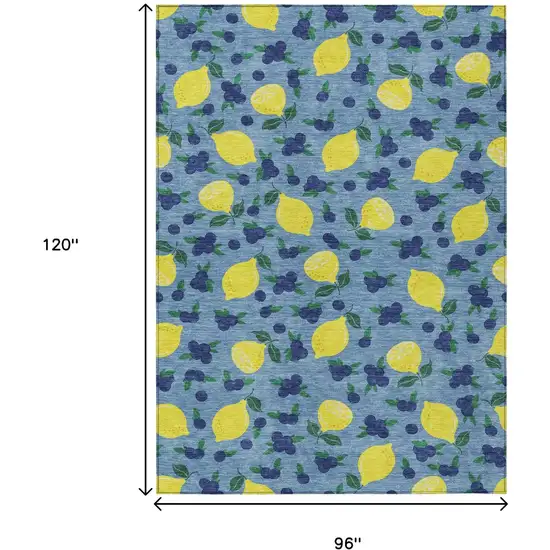 Denim Blue Yellow And Green Lemons Washable Indoor Outdoor Area Rug Photo 3