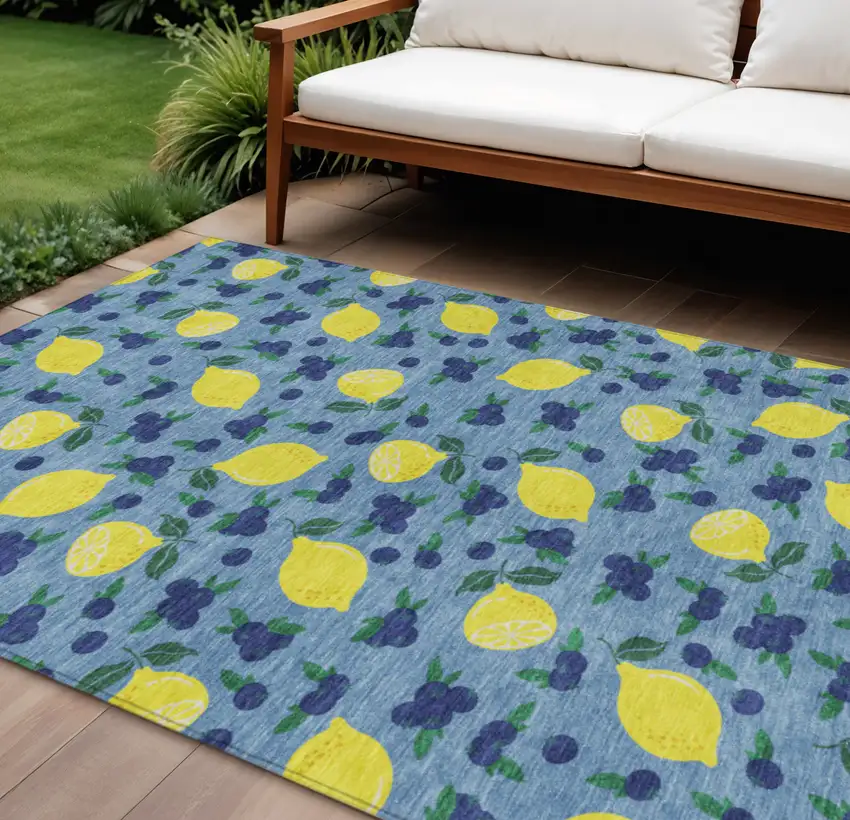 Denim Blue Yellow And Green Lemons Washable Indoor Outdoor Area Rug Photo 1
