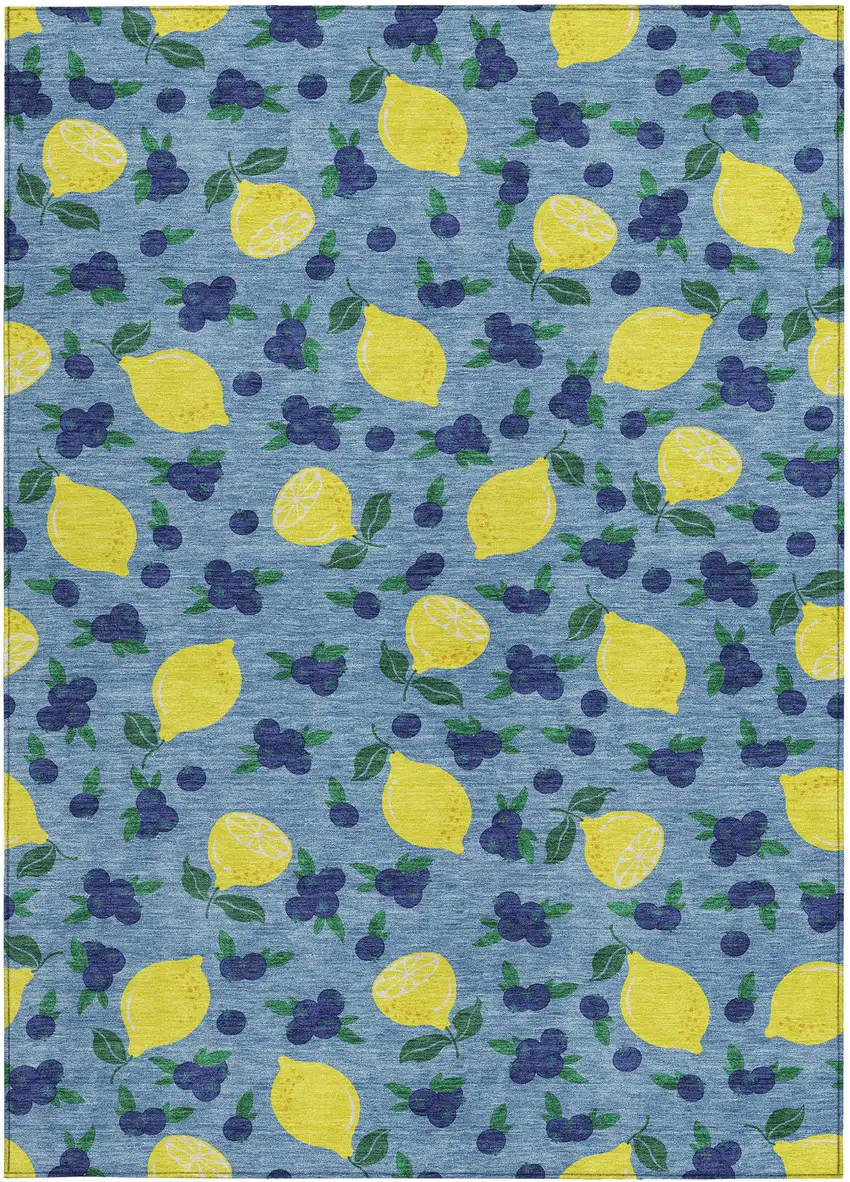 Denim Blue Yellow And Green Lemons Washable Indoor Outdoor Area Rug Photo 4