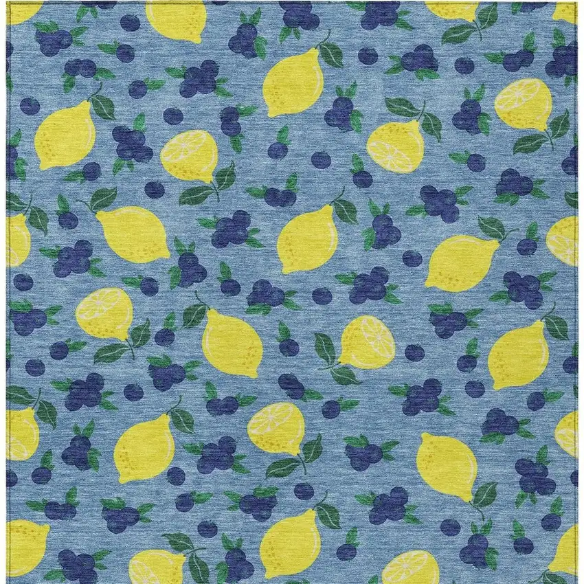 Denim Blue Yellow And Green Lemons Washable Indoor Outdoor Area Rug Photo 7
