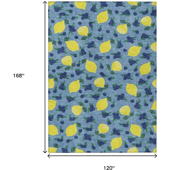 Denim Blue Yellow And Green Lemons Washable Indoor Outdoor Area Rug Photo 3