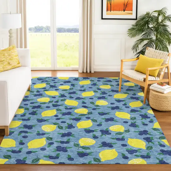 Denim Blue Yellow And Green Lemons Washable Indoor Outdoor Area Rug Photo 9