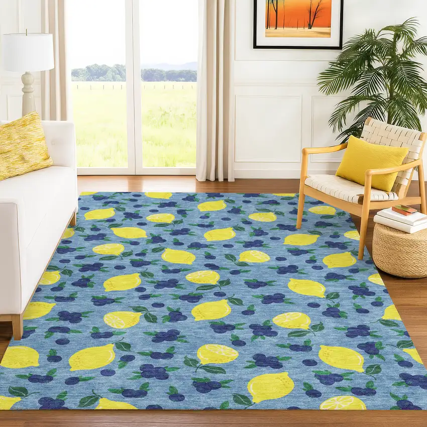 Denim Blue Yellow And Green Lemons Washable Indoor Outdoor Area Rug Photo 9