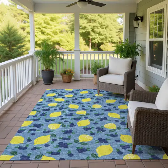 Denim Blue Yellow And Green Lemons Washable Indoor Outdoor Area Rug Photo 9