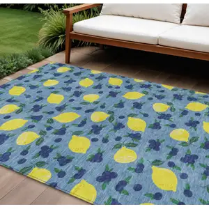 Photo of Denim Blue Yellow And Green Lemons Washable Indoor Outdoor Area Rug