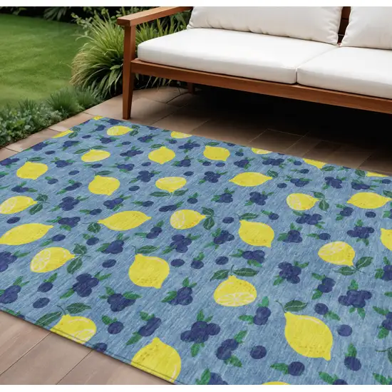 Denim Blue Yellow And Green Lemons Washable Indoor Outdoor Area Rug Photo 1